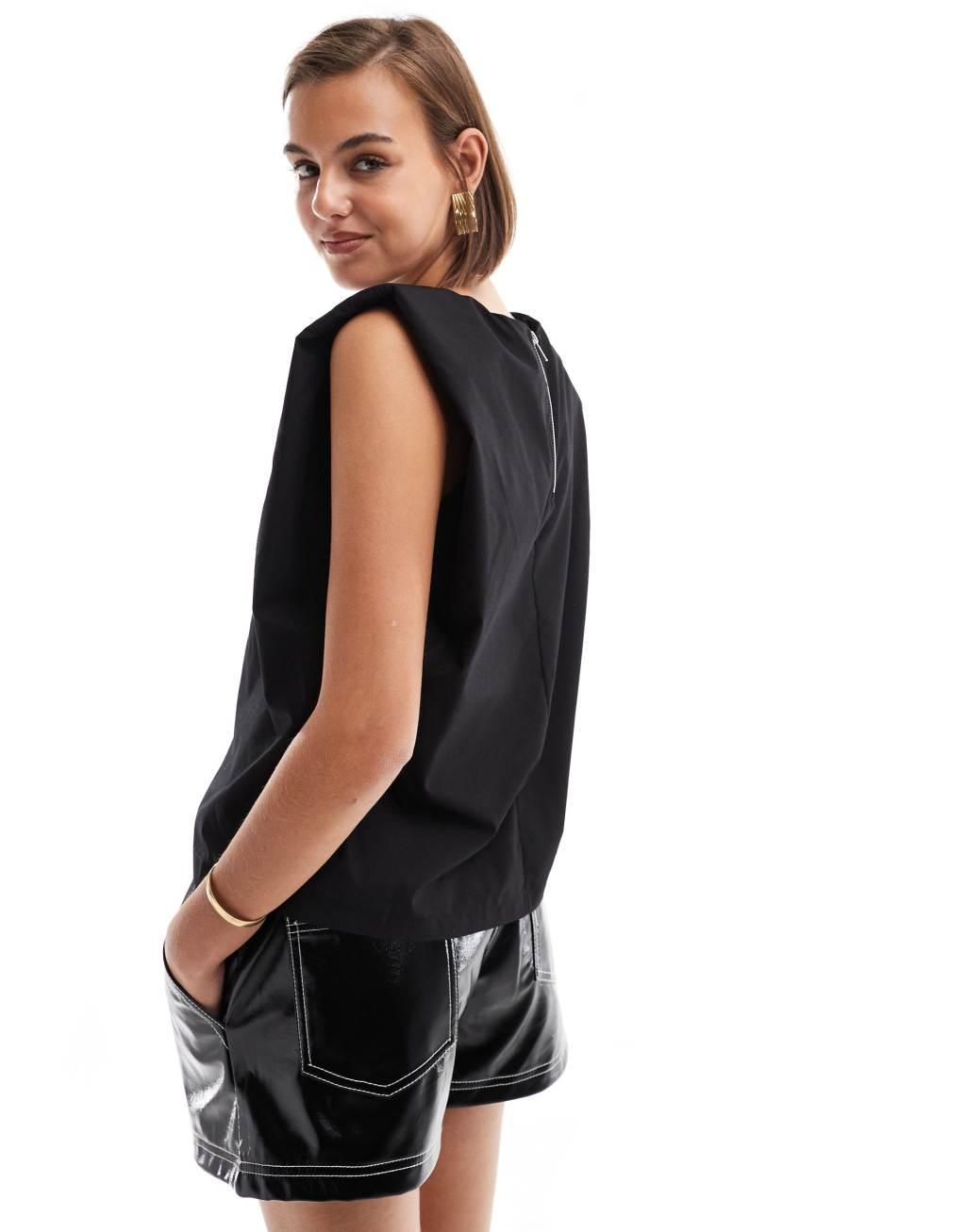 ASOS DESIGN sleeveless shoulder pad woven T-shirt in black Product Image