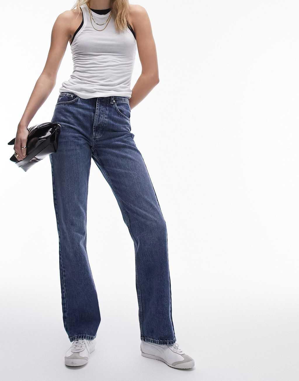 Topshop Tall high rise straight Kort jeans in mid blue Product Image