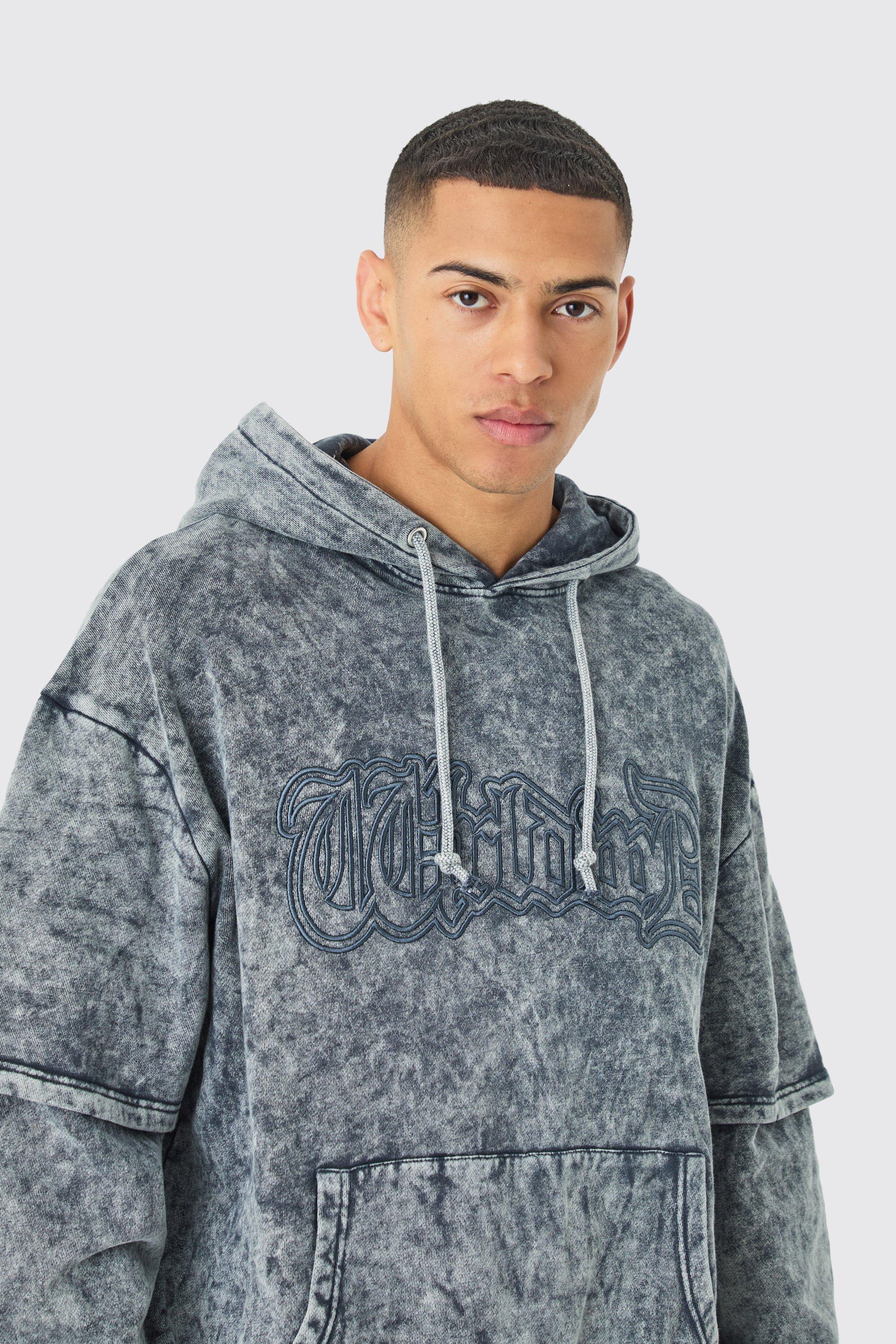 Mens Grey Oversized Faux Layer Acid Wash Embroidered Hoodie, Grey Product Image