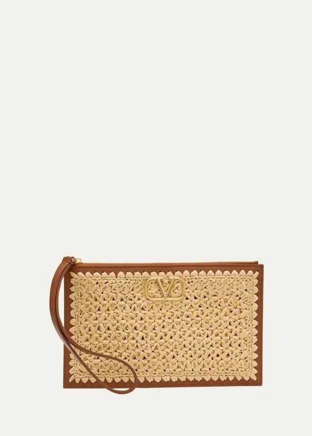 Vlogo Leather-trmmed Raffia Clutch In Natu Selleria Product Image