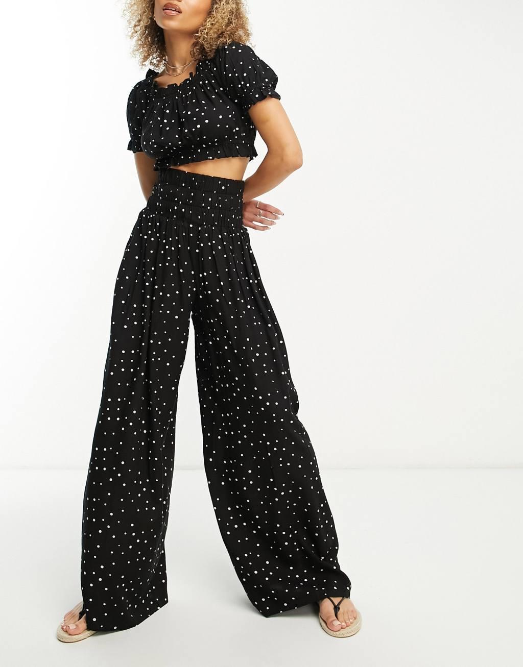 Esmee Exclusive shirred wide leg beach pants in black Product Image