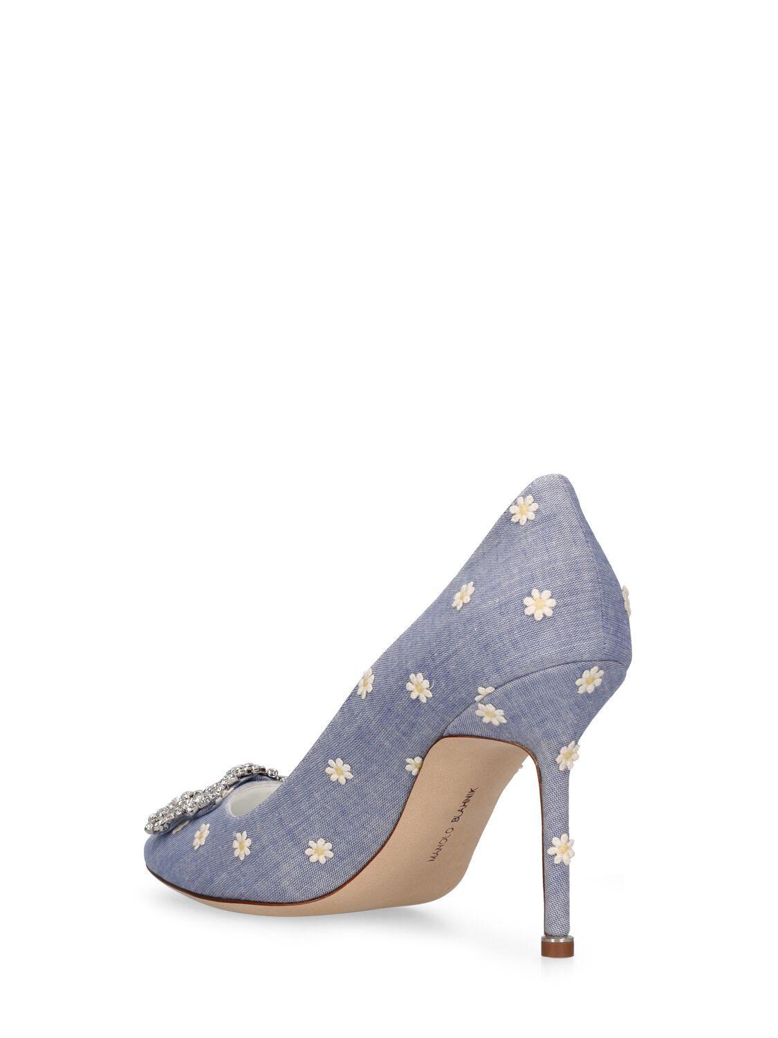 MANOLO BLAHNIK 90mm Hangisi Canvas Pumps In Light Blue,white Product Image