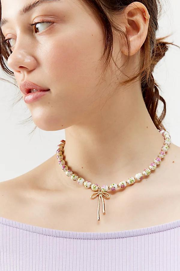 Vera Floral Beaded Bow Necklace Womens at Urban Outfitters Product Image