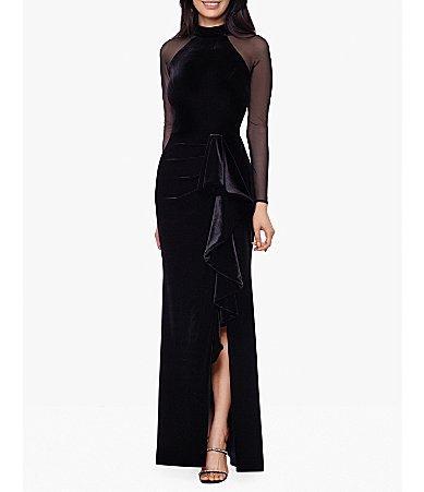 Betsy  Adam Stretch Velvet Mock Neck Long Illusion Sleeve Gown Product Image