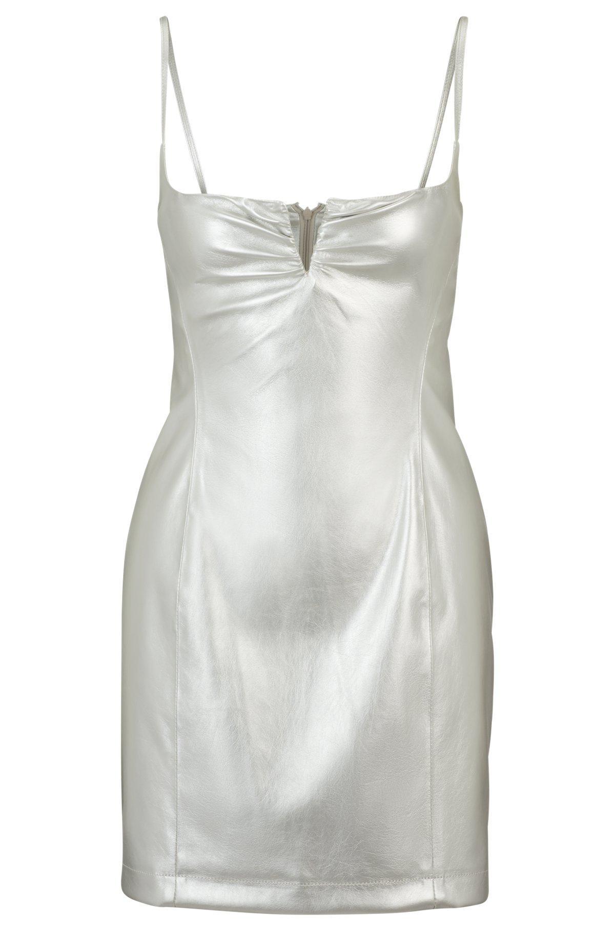 Metallic faux-leather mini dress with notch neckline Product Image