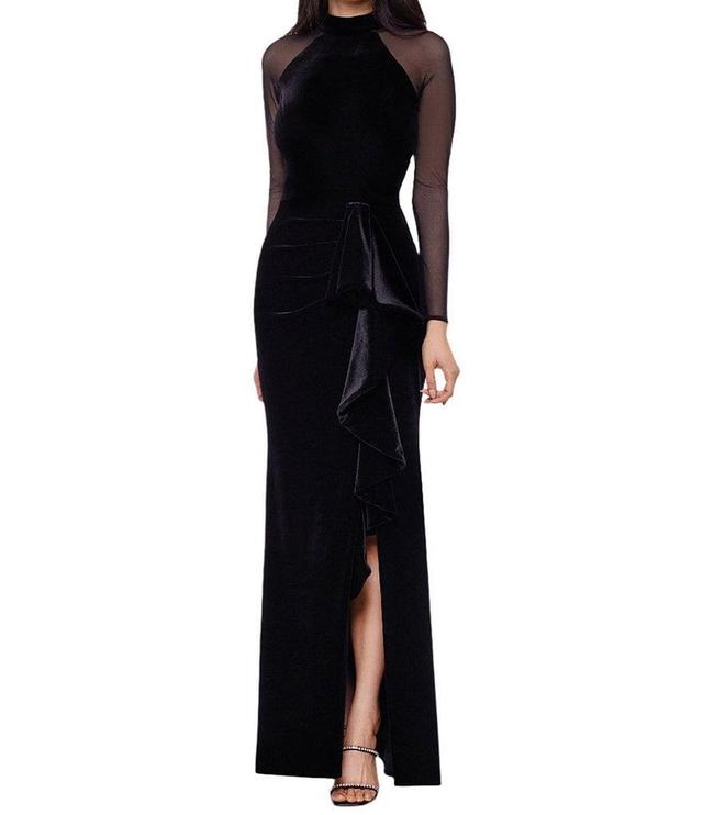 Betsy & Adam Petite Size Stretch Velvet Mock Neck Long Illusion Sleeve Gown Product Image