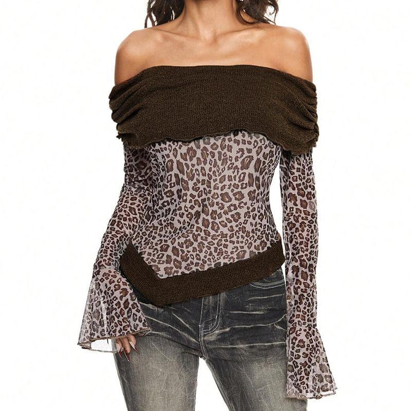 Bell Sleeve Off-Shoulder Leopard Knit Panel Mesh Slim-Fit Top Product Image