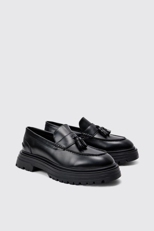 Chunky Sole Tassel Loafer In Black | boohooMAN USA Product Image