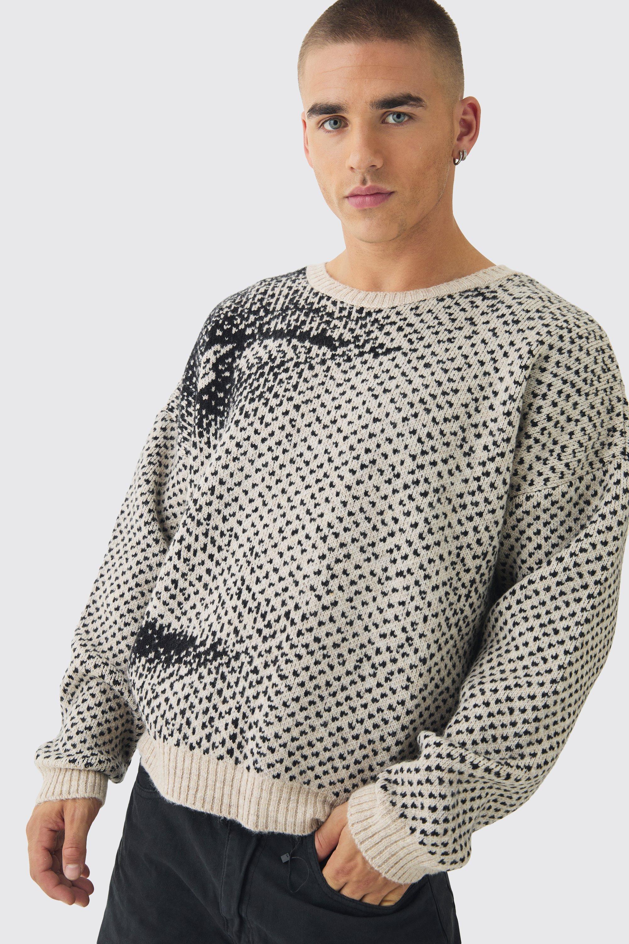 Oversized Boxy Brushed Face All Over Jacquard Sweater | boohooMAN USA Product Image