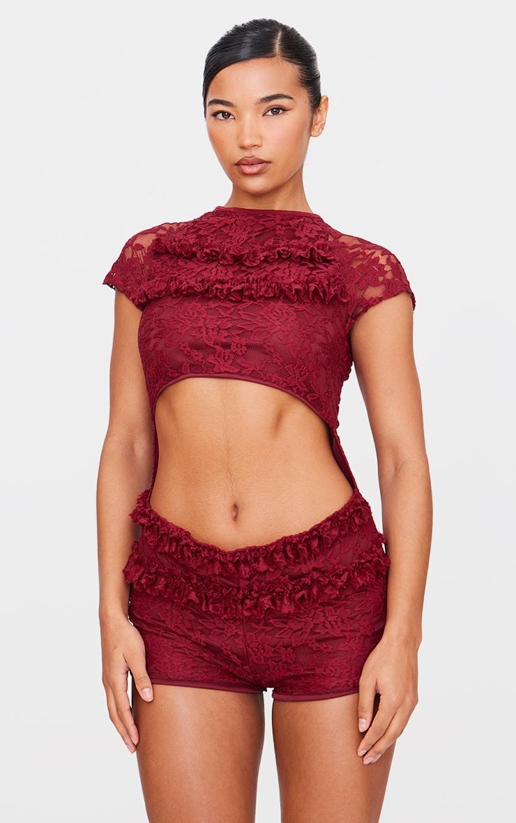 Burgundy Lace Ruffle Detail Cut Out Rara Skort Romper product image