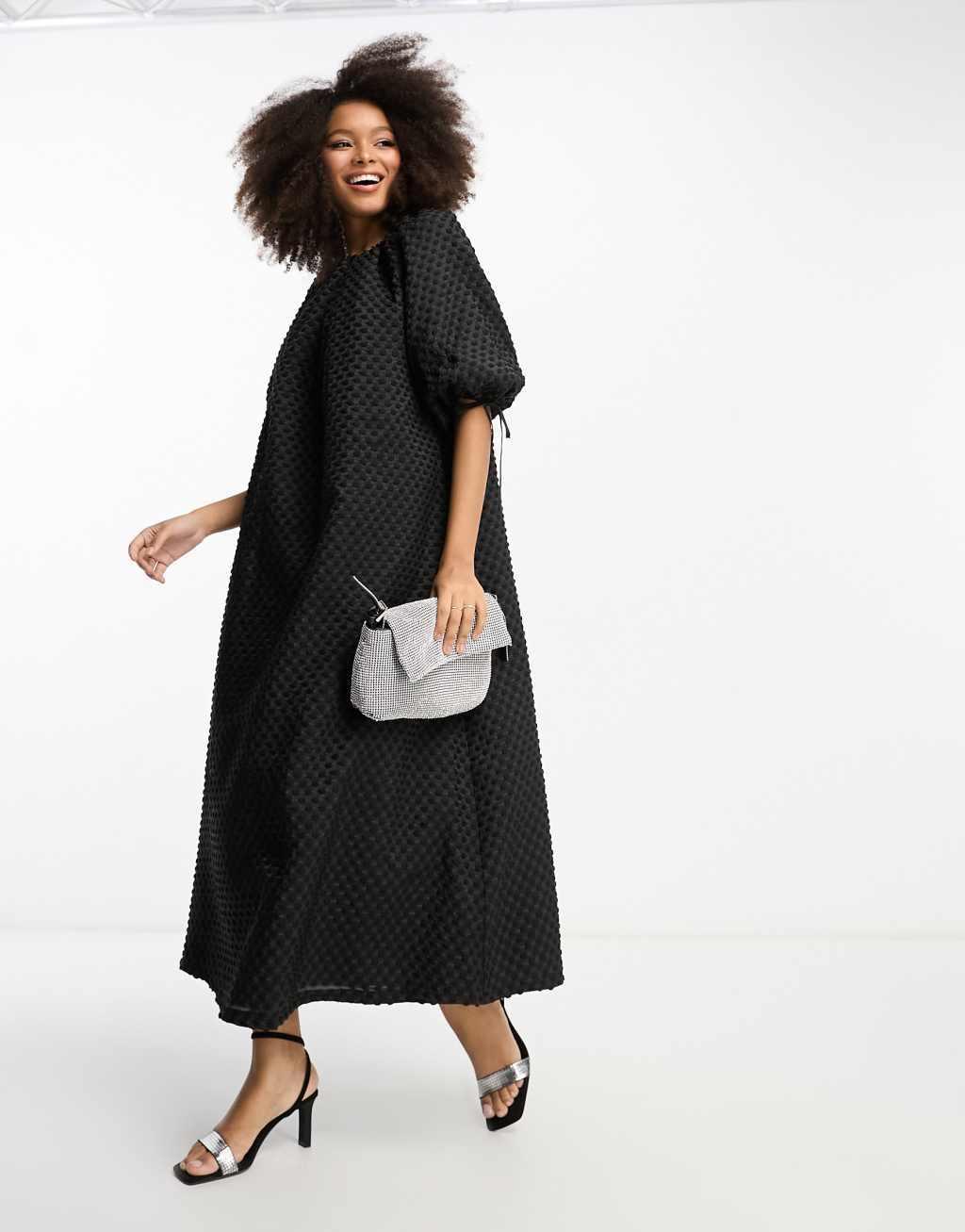 ASOS DESIGN textured midi smock dress with gathered neck Product Image