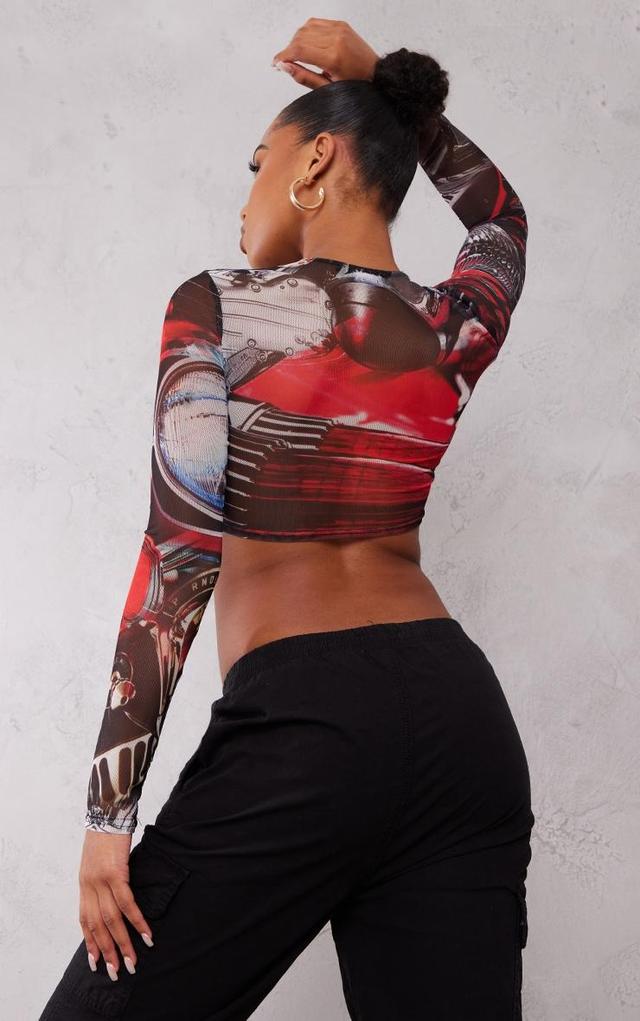 Red Printed Mesh Wrap Over Crop Top Product Image