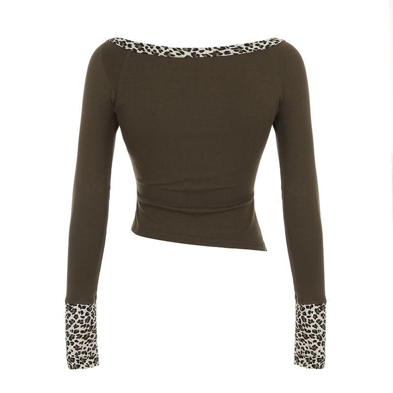 Long Sleeve Scoop Neck Leopard Print Cutout Tee Product Image