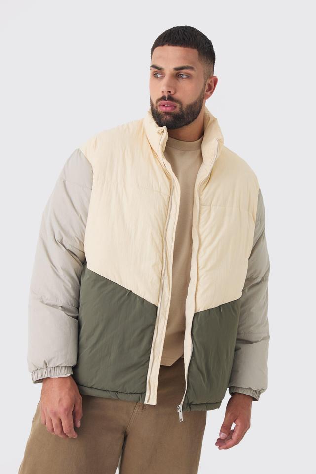 Plus Colour Block Funnel Neck Puffer Jacket In Ecru | boohooMAN USA Product Image