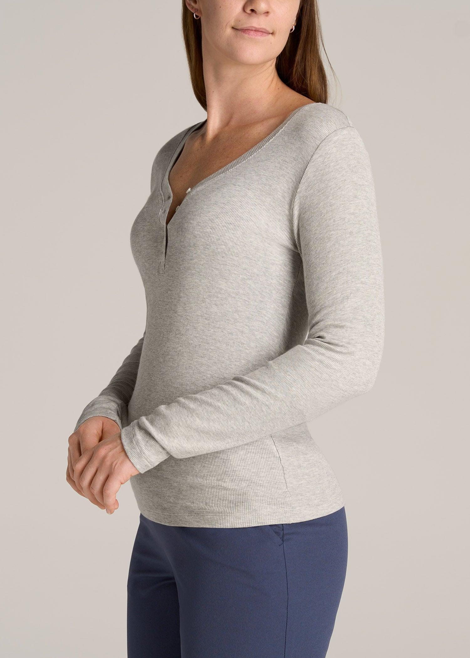 Tall Women's FITTED Ribbed Long Sleeve Henley in Grey Mix Female Product Image