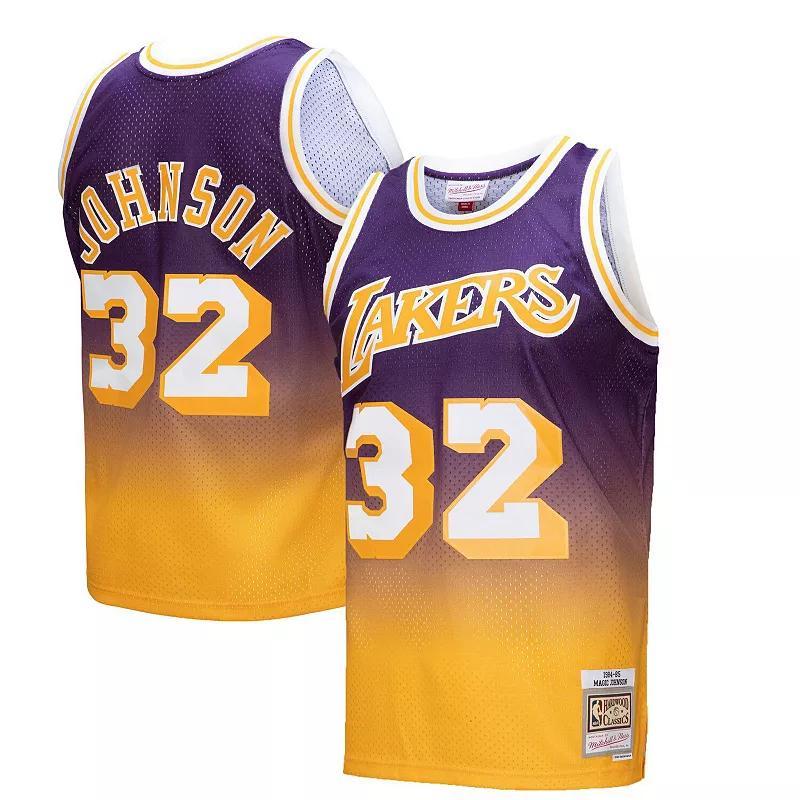 Mens Mitchell & Ness Magic Johnson /Purple Los Angeles Lakers 1984/85 Hardwood Classics Fadeaway Swingman Player Jersey Product Image