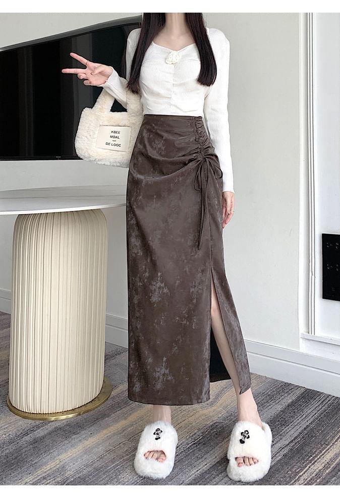 High Rise Drawstring Plain Slit Velvet Midi A-Line Skirt Product Image