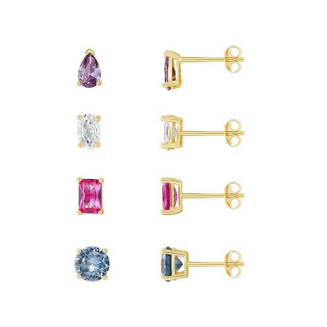 PRIMROSE 18k Gold Plated Cubic Zirconia 4-Piece Stud Earring Set, Womens, Multicolor Product Image