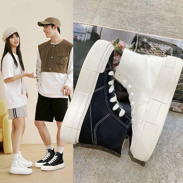 Couple Matching Platform Plain Lace-Up High Top Canvas Sneakers Product Image