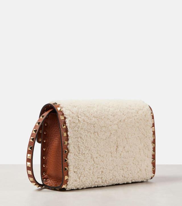 VALENTINO GARAVANI Rockstud Small Shearling Shoulder Bag In Neutrals Product Image