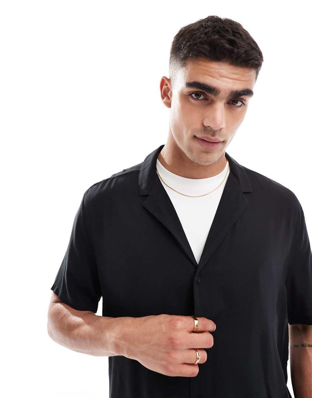 ASOS DESIGN relaxed fit viscose shirt with low revere collar in black Product Image