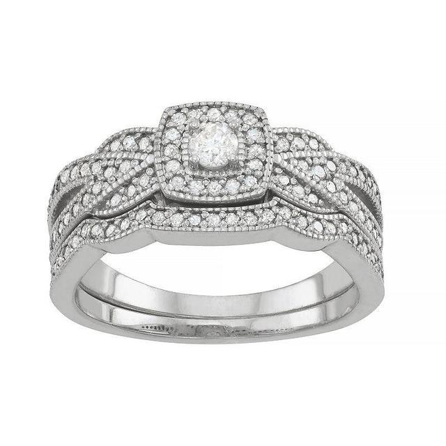 Tiara Sterling Silver 1/2 Carat T.W. Diamond Halo Engagement Ring Set, Womens White Product Image