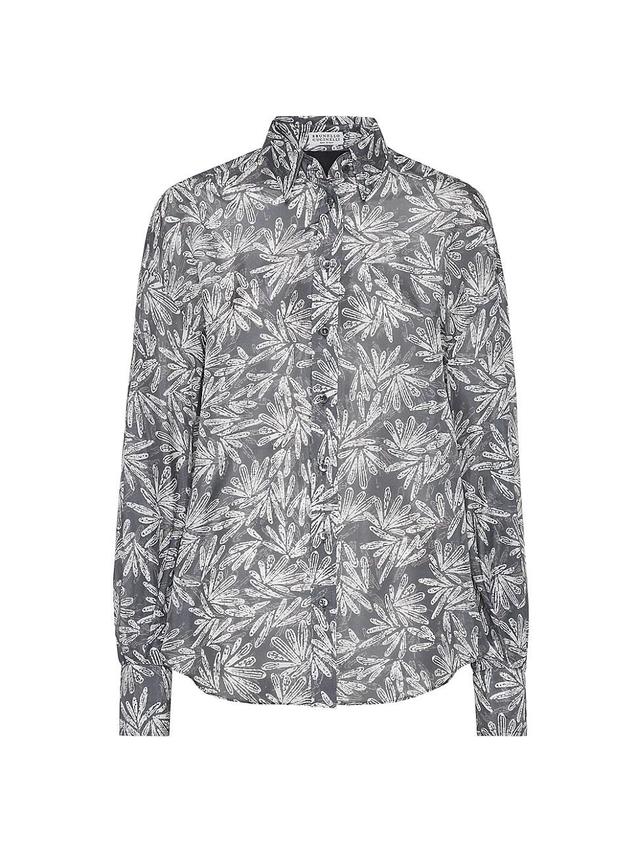 Womens Silk Fern Print Pongee Shirt with Monili Product Image