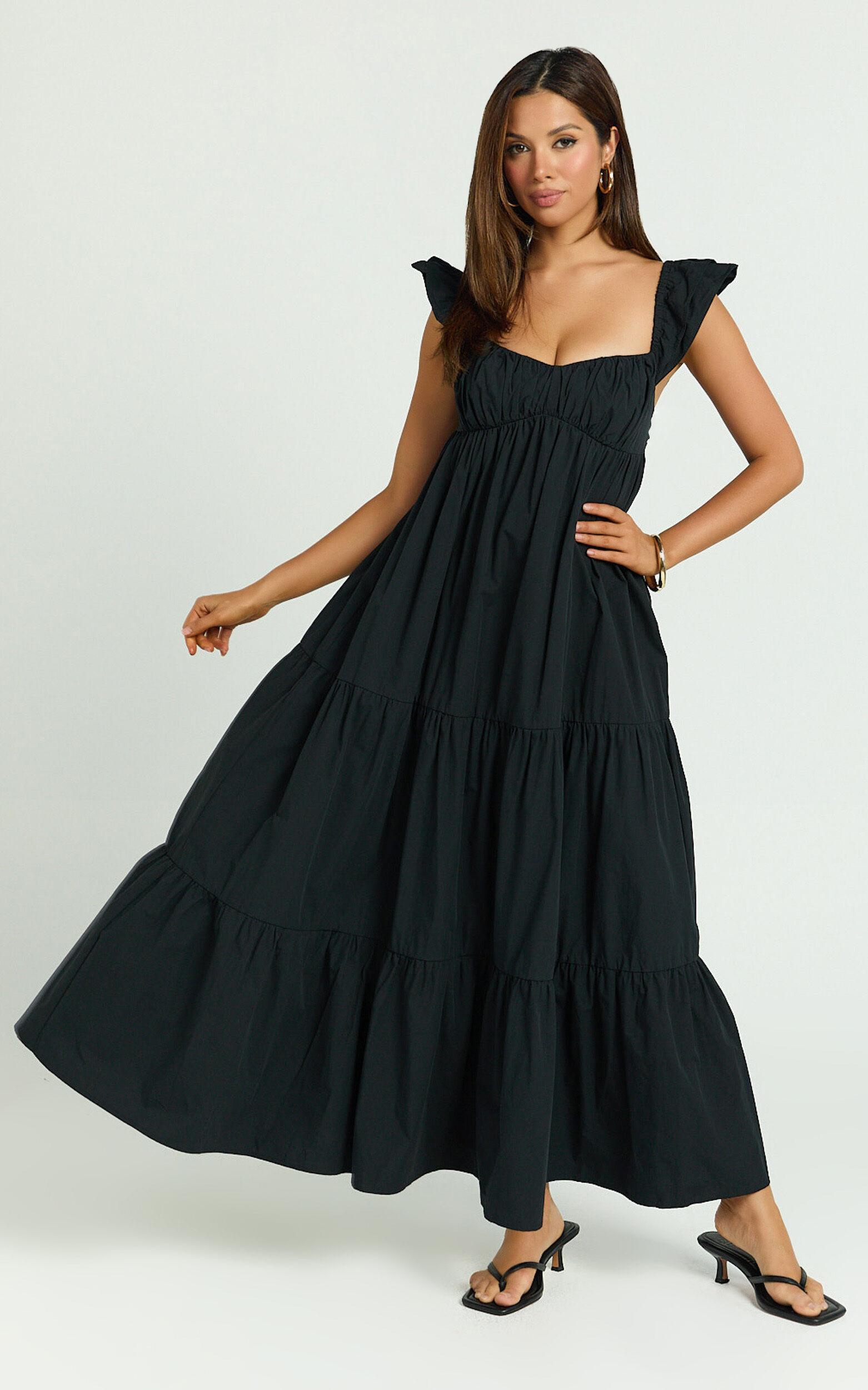 Brienne Midi Dress - Flutter Sleeve Tie Back Dress in Black Product Image