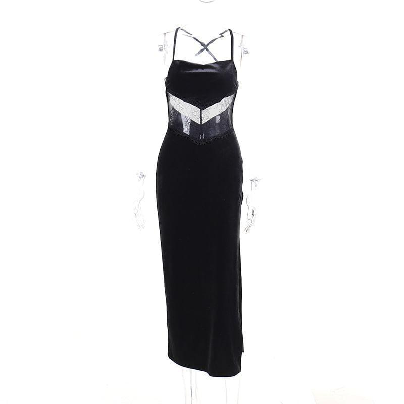 Spaghetti Strap Lace Panel Velvet Maxi A-Line Dress Product Image