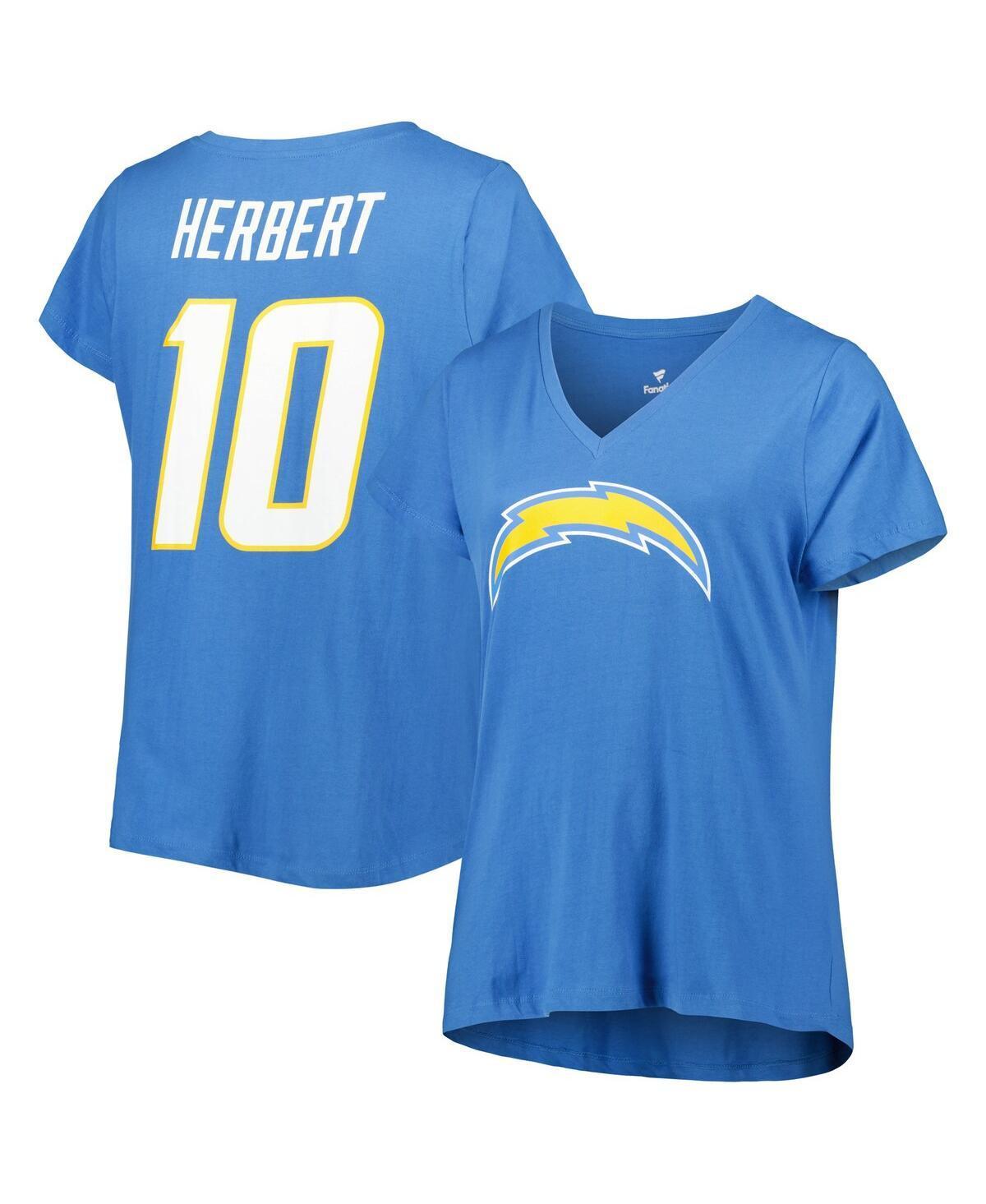 Womens Fanatics Justin Herbert Powder Blue Los Angeles Chargers Plus Size Player Name and Number V-Neck T-shirt Product Image