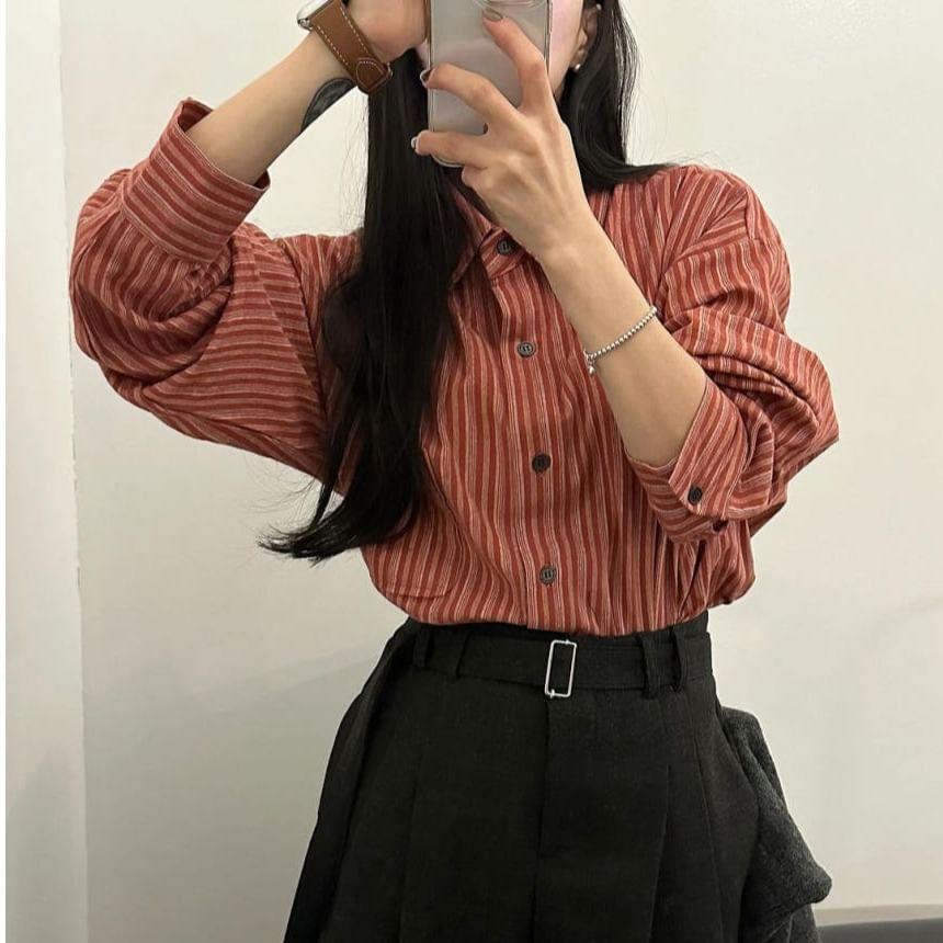 Long Sleeve Collared Striped Shirt Product Image