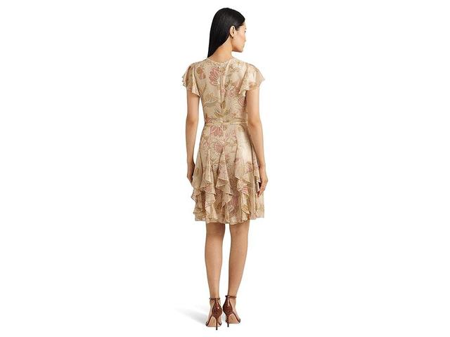 LAUREN Ralph Lauren Floral Metallic Chiffon Cocktail Dress (Cream ) Women's Dress Product Image