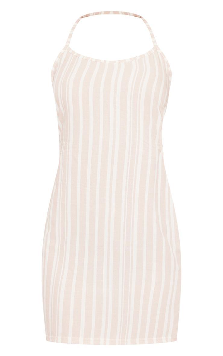  Beige Linen Look Stripe Cut Out Back Tie Shift Dress Product Image