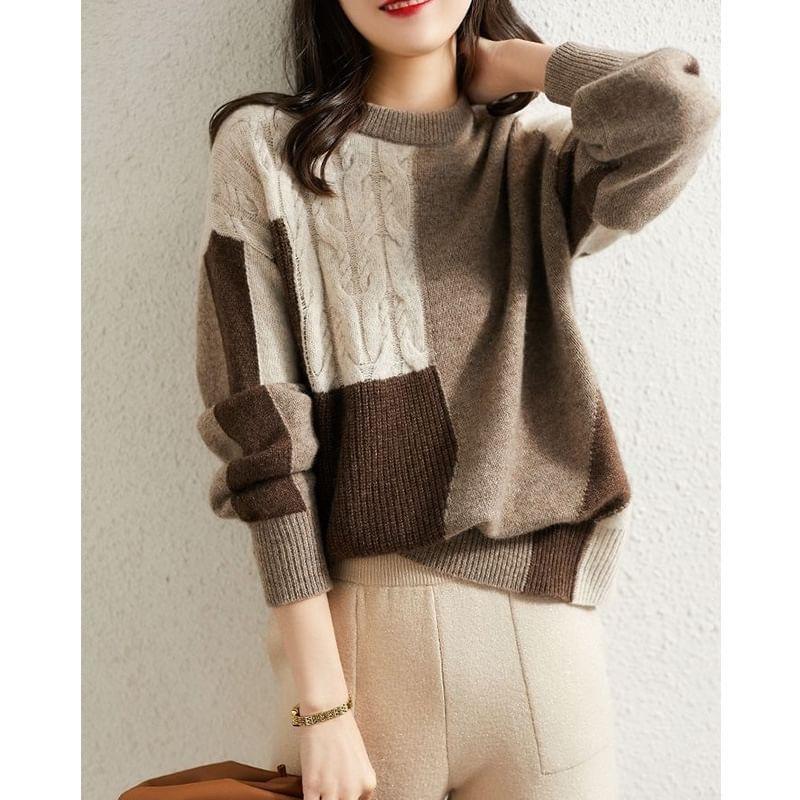 Crew Neck Color Block Cable-Knit Sweater Product Image