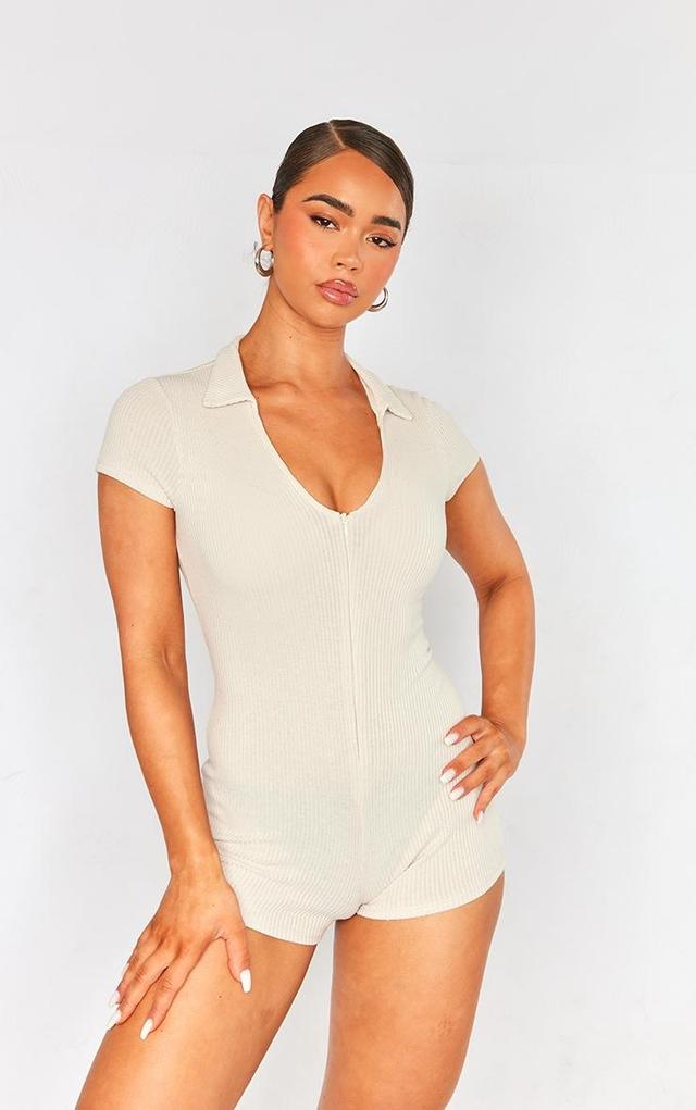 Cream Ribbed Jersey Zip Up Collar Romper Product Image