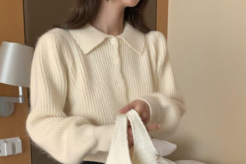 Collared Plain Ribbed Cardigan Product Image