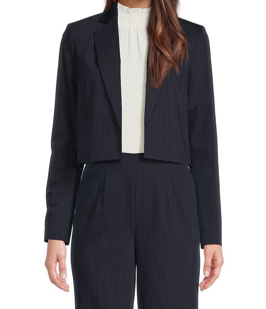 Calvin Klein Petite Size Pinstripe Stretch Woven Notch Lapel Collar Long Sleeve Cropped Jacket Product Image