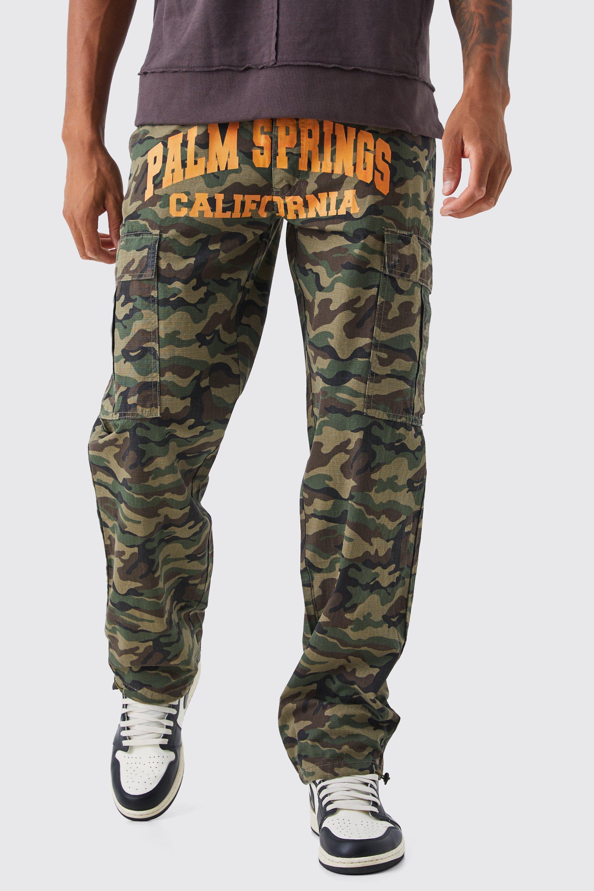 Tall Relaxed Cargo Varsity Slogan Print Camo Pants | boohooMAN USA Product Image