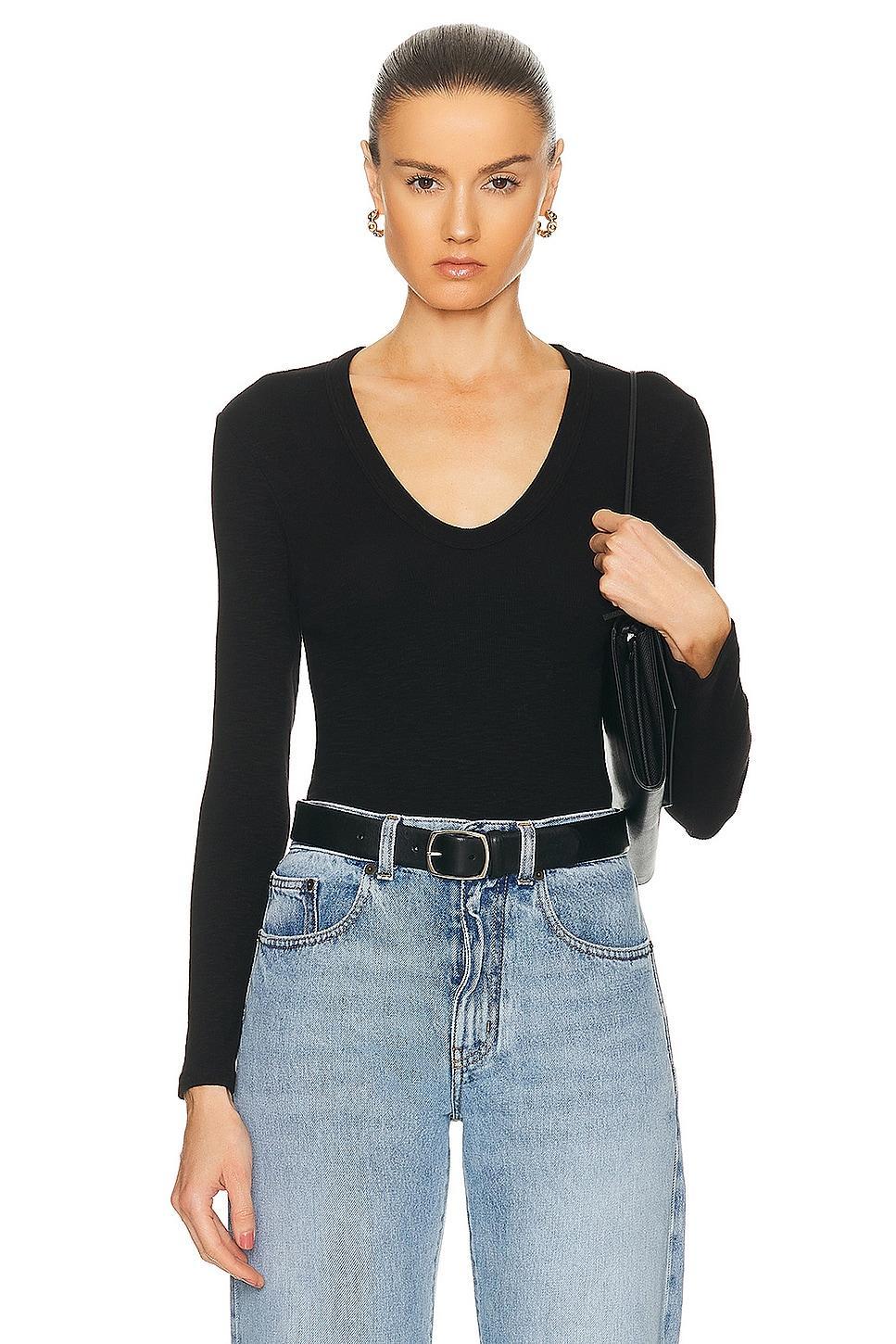 Enza Costa Textured Rib Long Sleeve U Top Black. (also in XS). Product Image