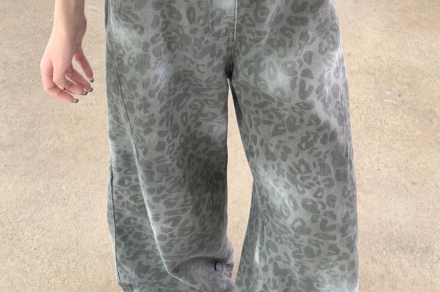 Mid Waist Leopard Print Wide Leg Jeans Product Image