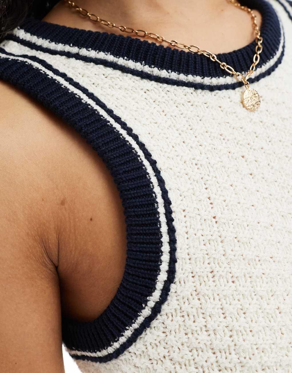 ASOS DESIGN knitted scoop racer tank top in textured yarn with tipping in cream Product Image