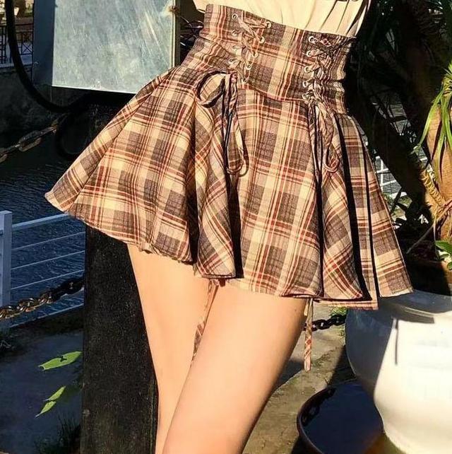 High Rise Plaid Lace Up Mini A-Line Skirt Product Image