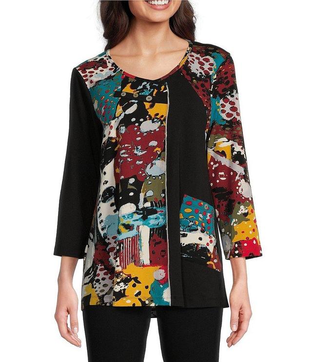 Ali Miles Knit Geo Patchwork Print V-Neck 3/4 Sleeve Tunic Product Image