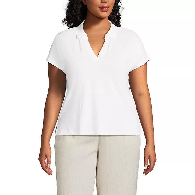 Plus Size Lands End Linen Blend Short Sleeve Johnny Collar Polo Shirt, Womens Product Image