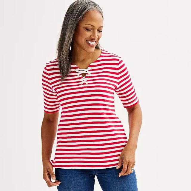 Petite Croft & Barrow Lace Up Split Neck Top, Womens Blue Classic Stripe Product Image