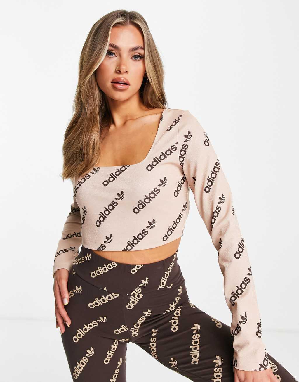 adidas Originals 'Logomania' repeat logo long sleeve cropped top in blush product image