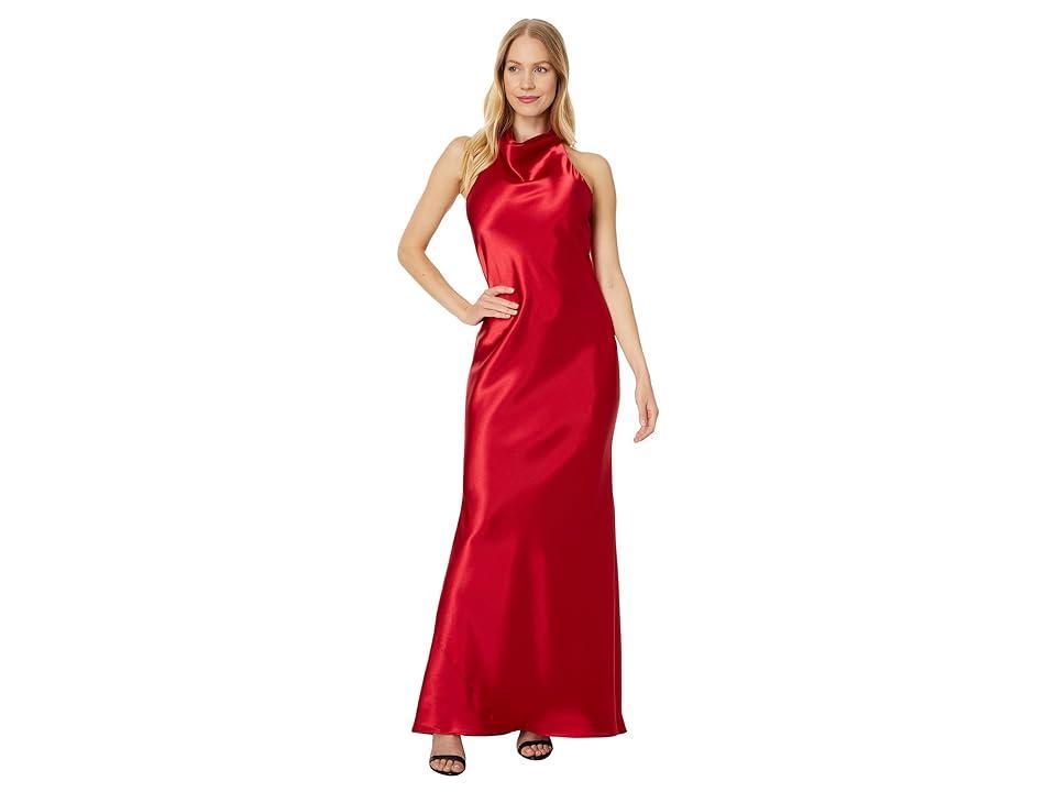 Betsy & Adam Long Charmous Halter Tie Neck Women's Dress Product Image