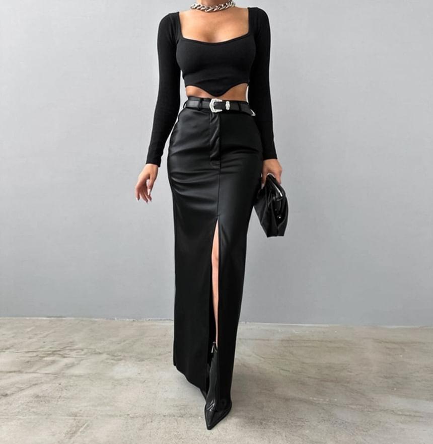 High Waist Plain Slit Faux Leather Maxi Pencil Skirt Product Image