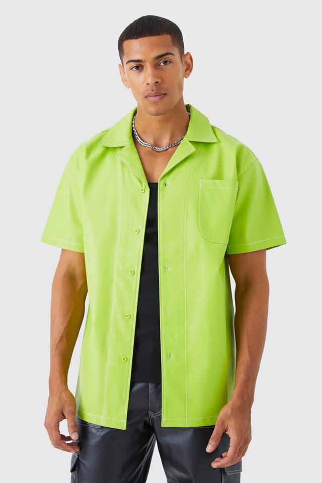 Short Sleeve Oversized Contrast Stitch Pu Shirt | boohooMAN USA Product Image