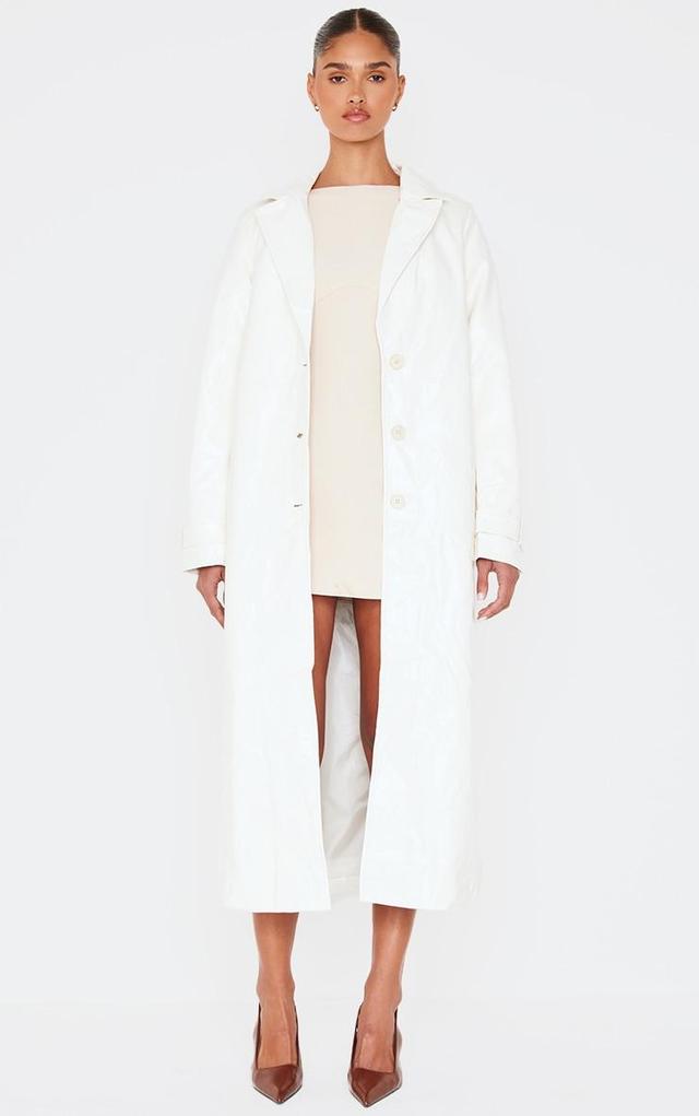 Cream High Shine Textured Faux Leather Maxi Coat Product Image